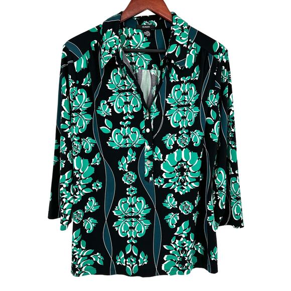 Alfani Tops - Alfani Sz XL Green Black 3/4 Sleeve Floral Blouse Shirt Top Business Tropical